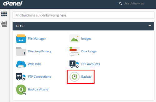 backup link highlighted on cpanel home