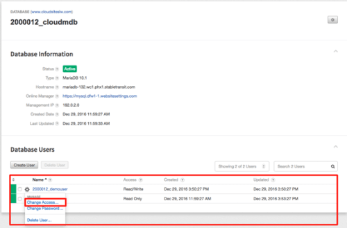 database user section highlighted and change access highlighted