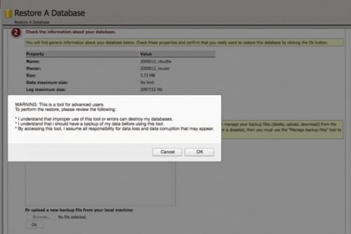 restore warning popup