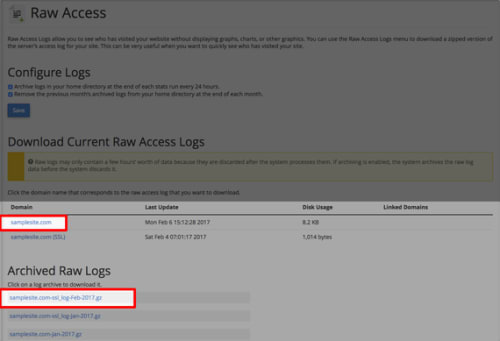access log links highlighted