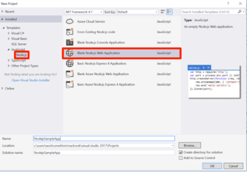 nodejs and blank web application highlighted