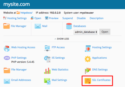 ssl certificates link highlighted