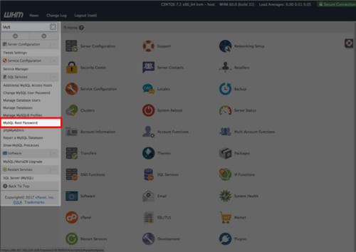 mysql password link highlighted