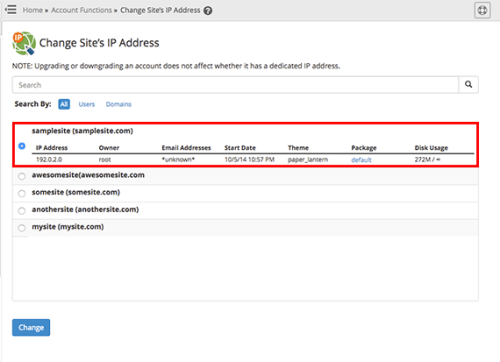 radio button clicked and site IP listed highlighted