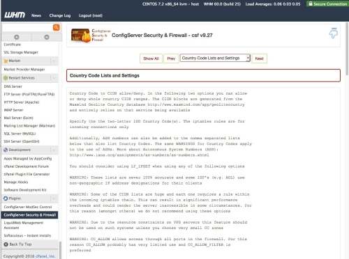 country code lists and settings page