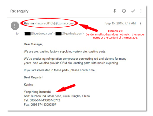 Email Spoofing Example 1 - Sender Name and Email Do Not Match