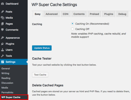 performance link highlighted in wordpress menu