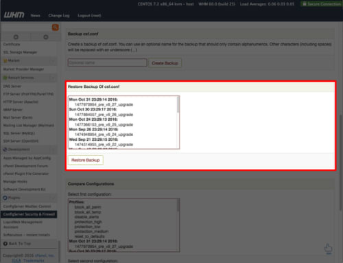 restore backup section highlighted