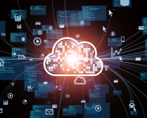 a private cloud shape contains pixels with applications traveling in and out of the center, which is glowing