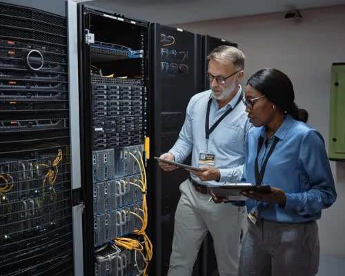 server clustering: two employees checking server