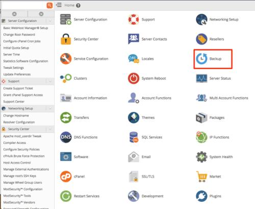 backup icon highlighted on home page of whm