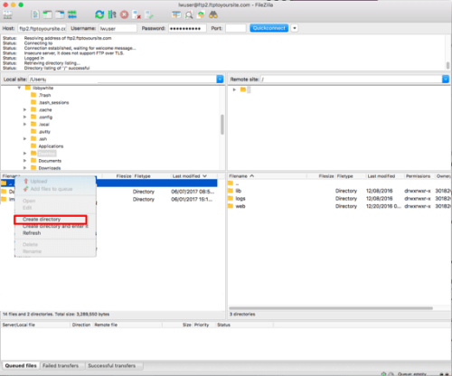 create directory highlighted in ftp client