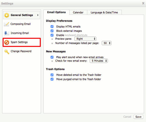 webmail settings popup
