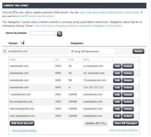 dns zone section of liquid web account