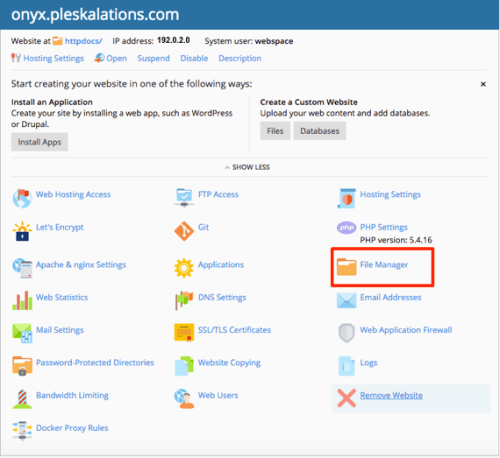 File Manager highlighted in Plesk