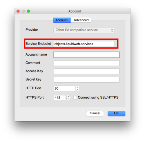 service endpoint entered and highlighted