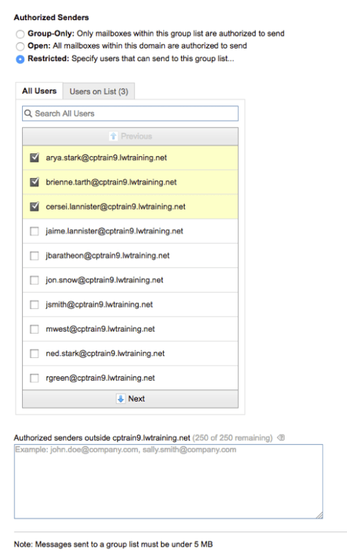 select users authorized to send checked