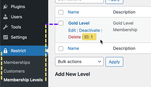 Screenshot showing the path to the Membership Level. The ID number is highlighted in yellow.