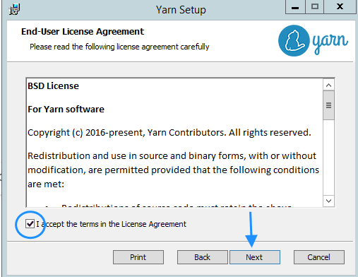 The next screen displays the license agreement details. Click the checkbox near the bottom of the window to accept the license agreement, and click Next.