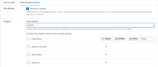 Updates for plugins or themes can be set to ALL, or both can be customized with the updates running on a delay from when the update was first released.