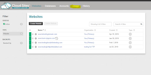 usage tab in cloud sites