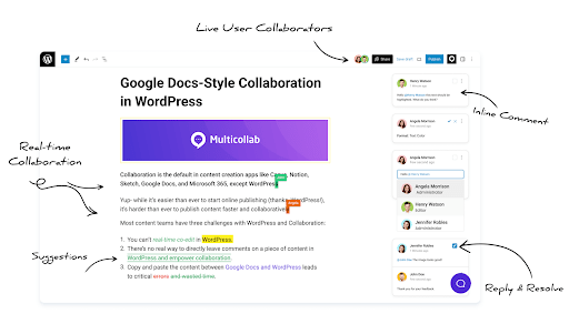 Information about how Multicollab is a Google docs-style collaboration process in WordPress
