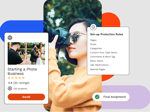 Screenshot from the LearnDash site showing a woman with a camera and information about LearnDash