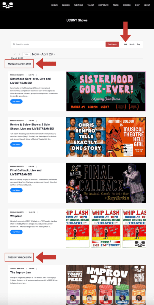 UCB's main events page, featuring a list view.