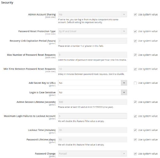 Setting the Admin Account Sharing field with a No value helps stop anyone from using the same account to log in to the admin panel.