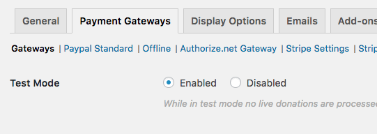screenshot of the GiveWP settings page with Test mode Enabled
