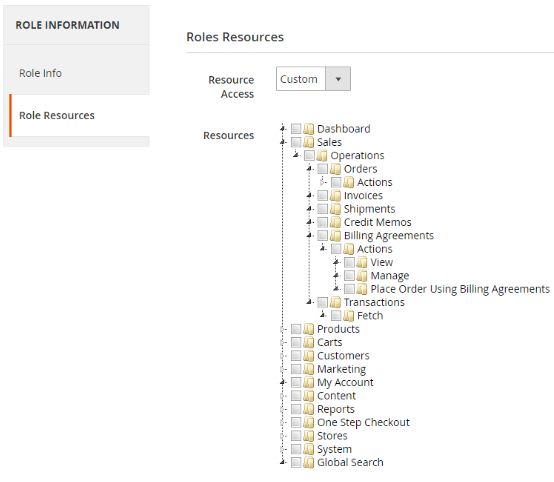 Under the Role Resources tab, choose the resources that the admin user will have access to.