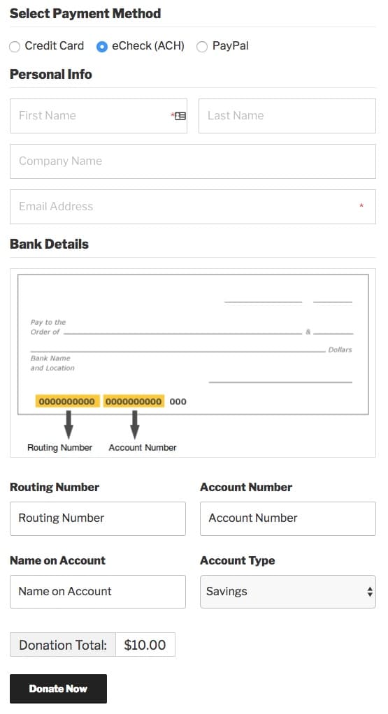 Give Authorize.net eCheck Screenshot