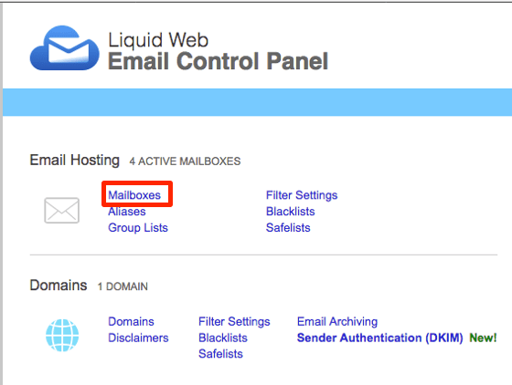 mailbox link in control panel