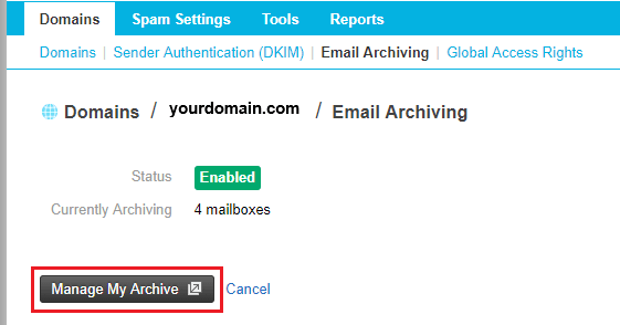 manage email archive link highlighted