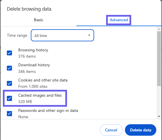 Clearing the browser’s cached images and files.
