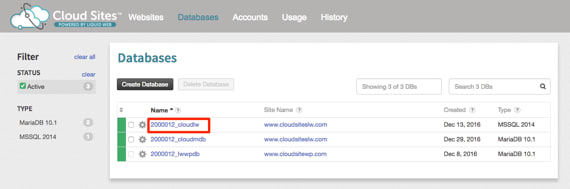 databases link highlighted in menu