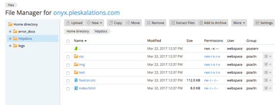 File Manager home showing httpdocs