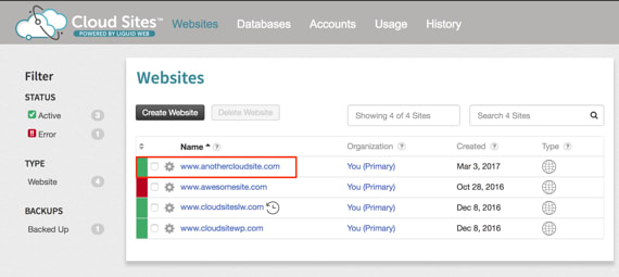 site highlighted in list