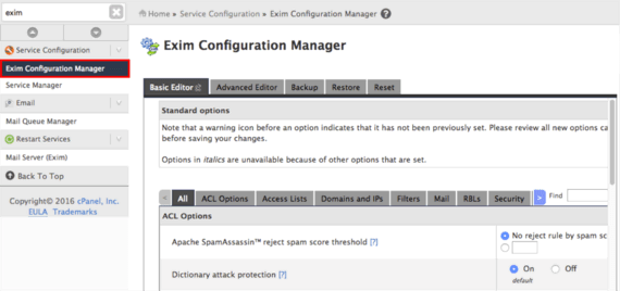exim configuration manager highlighted