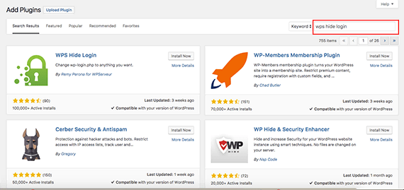 wps hide login search term highlighted