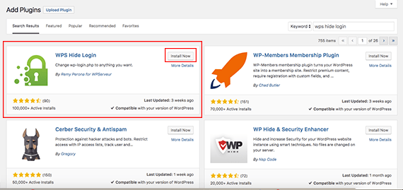 install now button and plugin highlighted