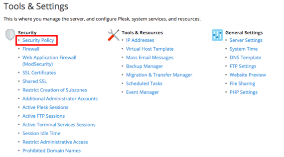 security policy link highlighted