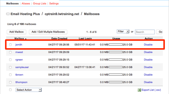 user highlighted in list
