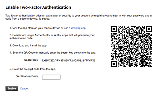two factor setup page