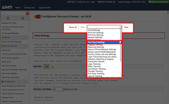 port flood settings highlighted in drop down menu