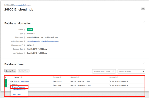 database user section highlighted and change access highlighted