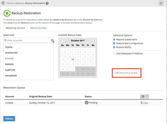 add account to queue button highlighted