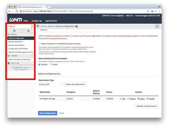 backup configuration highlighted in menu