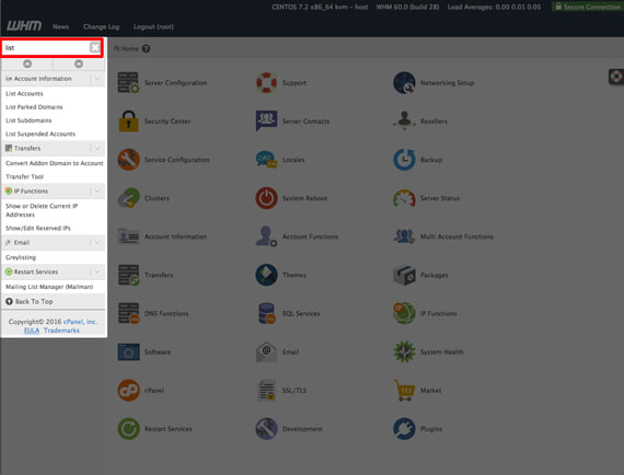 list accounts in search bar highlighted