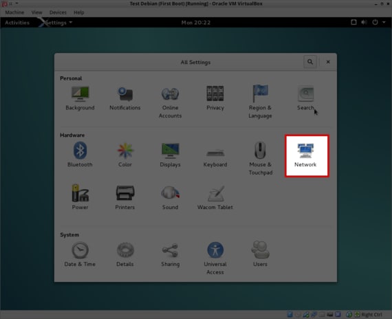 network icon highlighted